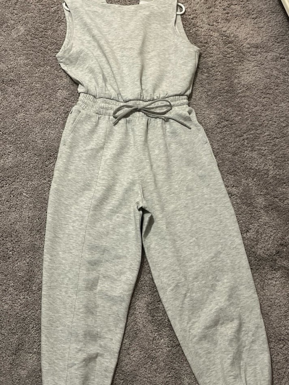 Light Gray Sleeveless Sweat Jumpsuit with Drawstring Waist